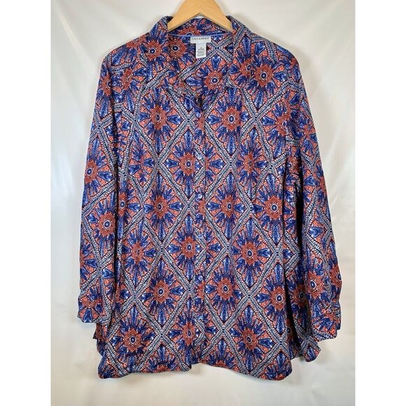 Catherine’s Red Blue White Long Sleeve Button Up Top Blouse Women’s Plus Size 2X - Picture 1 of 7